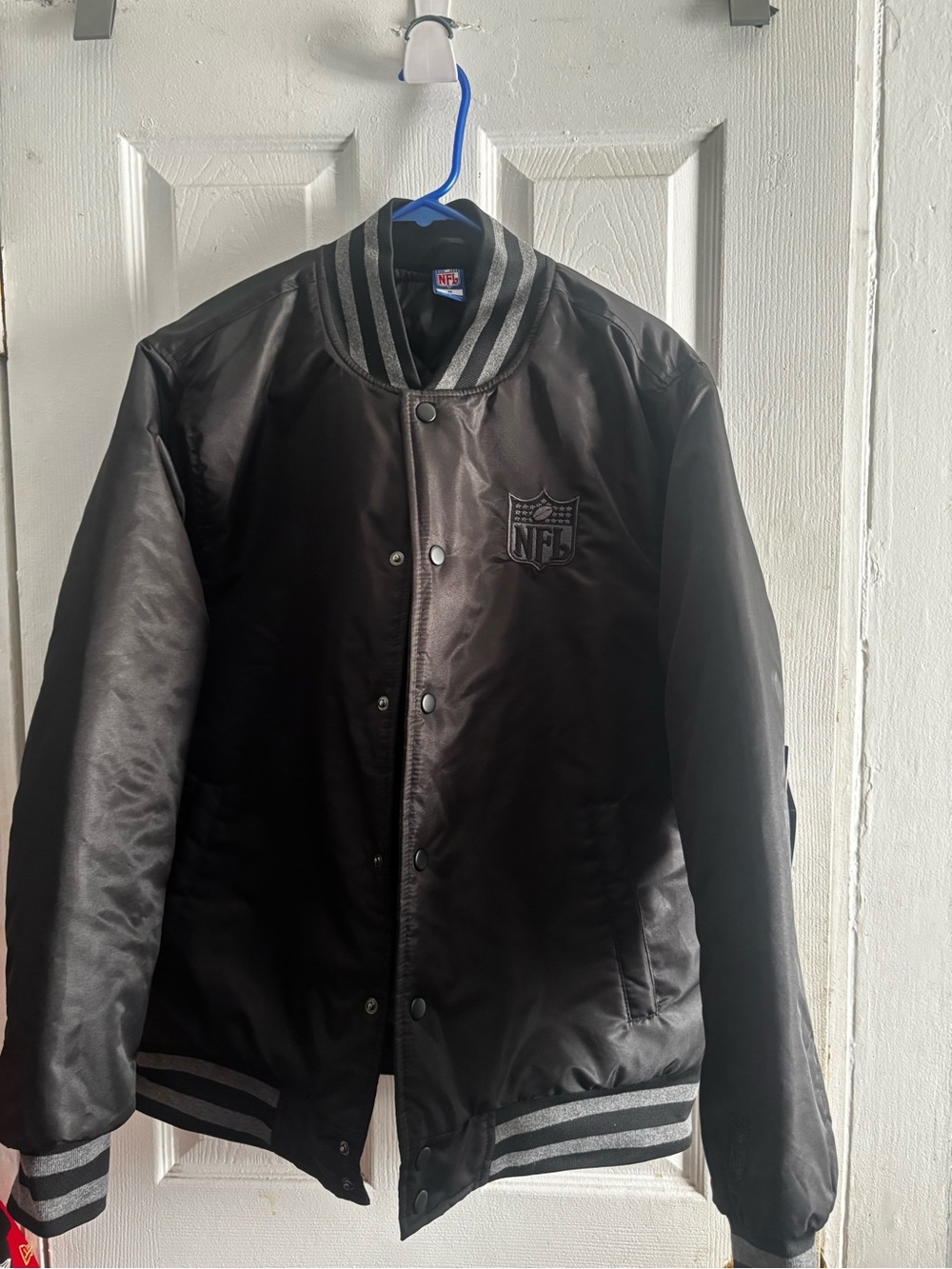 NFL Black Satin Bomber Jacket with Gray Trim